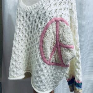 POL Crochet Peace Sign Sweater GORGEOUS  L Winter White Pink Sign